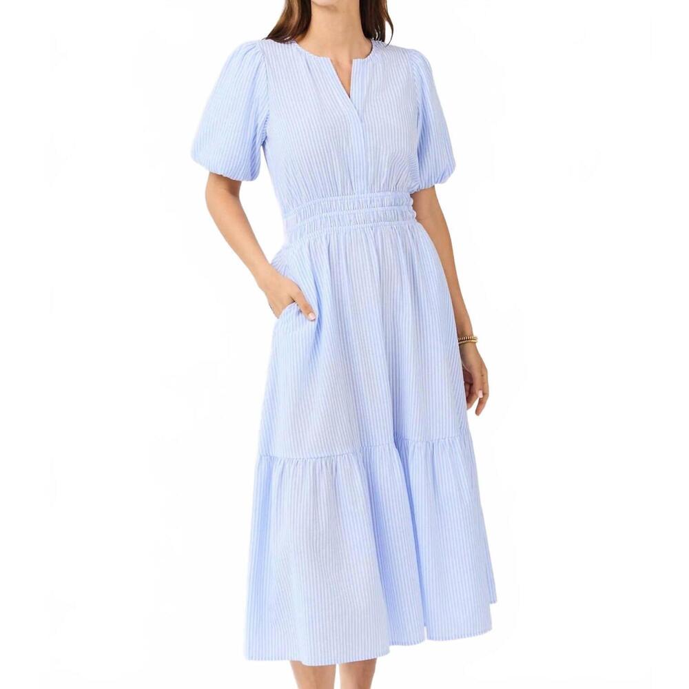 NEW MARY SQUARE tracy seer sucker pin strip maxi dress in blue